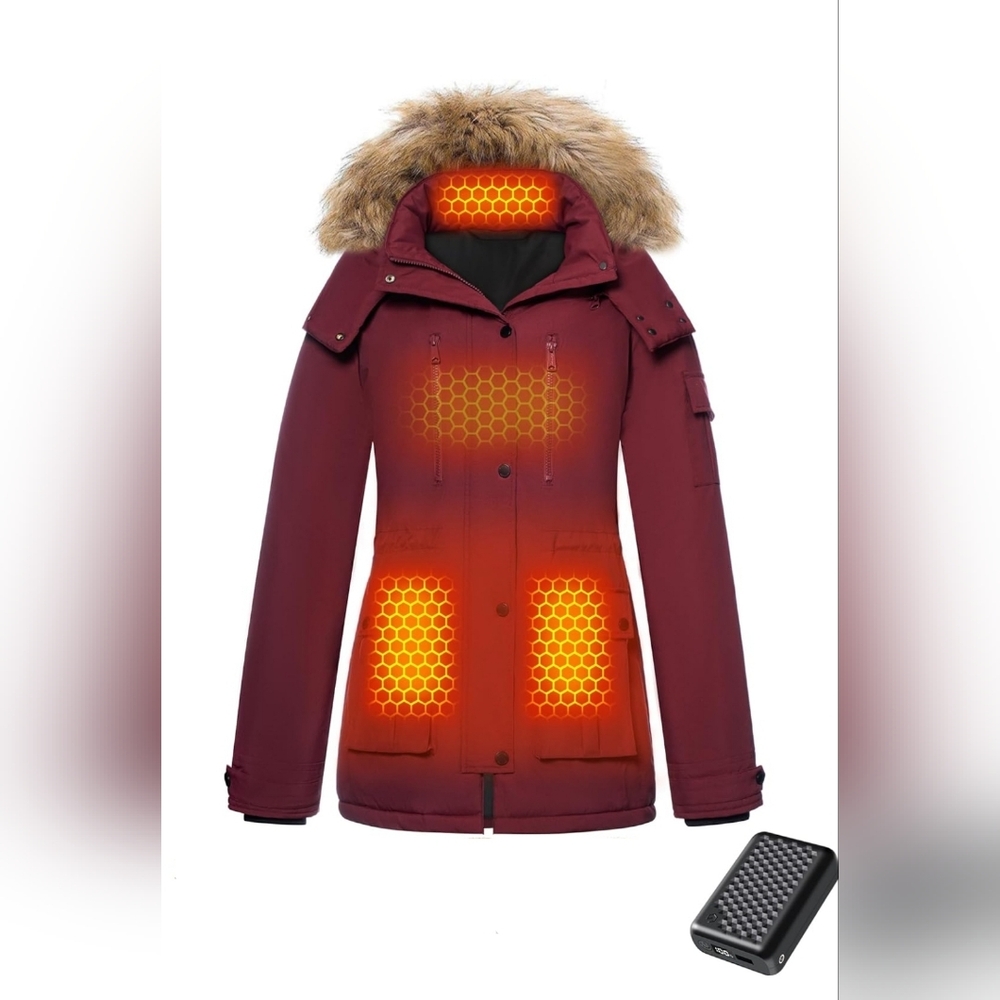 Women's Heated Jacket with Faux Fur Hood - Burgundy